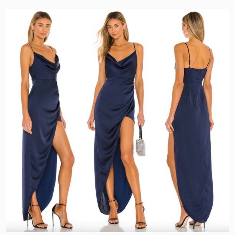 NBD Navy Satin Cowl Neck Maxi Dress with High Slit